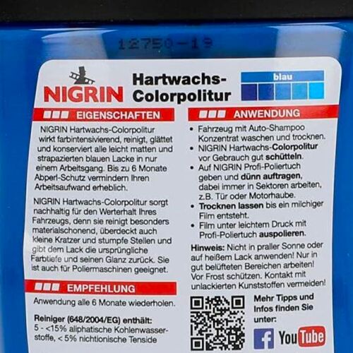 NIGRIN Hartwachs-Colorpolitur Blau синій однокроковий поліроль з PTFE 300 мл, Колір: Синій, Кількість: 300 мл, зображення 4