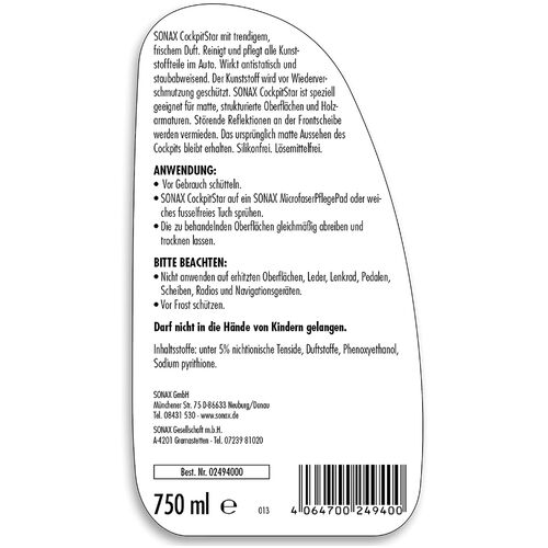 SONAX Cockpit Star зчищувач-поліроль пластика 750 мл, зображення 5