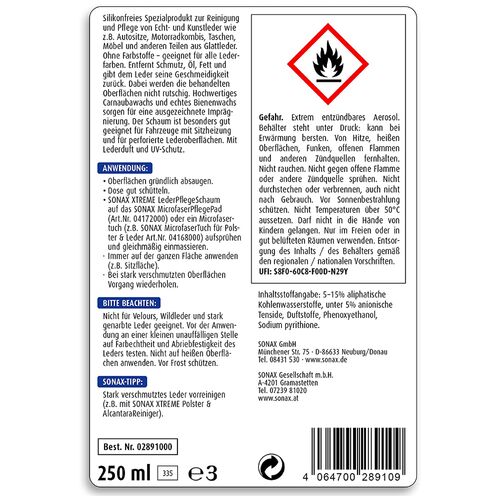 SONAX XTREME Leder PflegeSchaum пінний очисник шкіри 250 мл, зображення 10