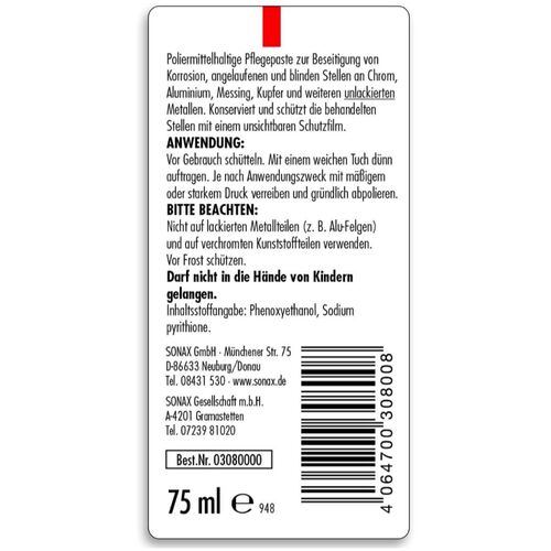 SONAX Chrome+ AluPaste поліроль для хрому, алюмінію, латуні 75 мл, зображення 6