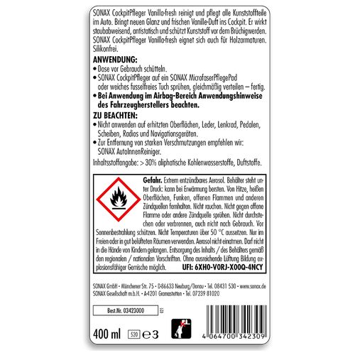 SONAX Cockpitpfleger - vanilla-fresh очиститель-полироль пластика глянцевый (ваниль) 400 мл , изображение 6