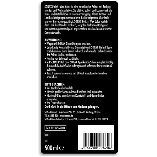 SONAX Polish +Wax Color синий полироль тефлон с воском 500 мл, Цвет: Синий, Количество: 500 мл , изображение 6