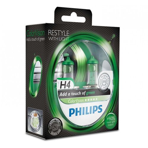  Лампа галогенна Philips H4 ColorVision Green, 3350K, 2шт/блістер 12342CVPGS2