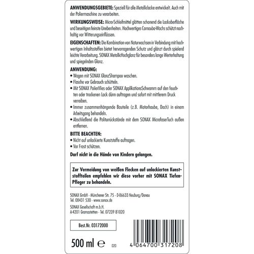 SONAX Metallic Hochglanz поліроль металік з воском 250 мл, Кількість: 250 мл, зображення 6