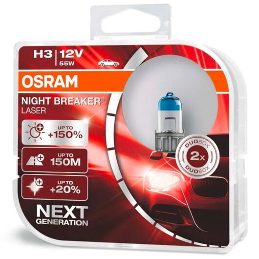 OSRAM Night Breaker Laser H3 55W 3900K комплект 2 шт, Тип лампы: H3, Цветовая температура: 3900 