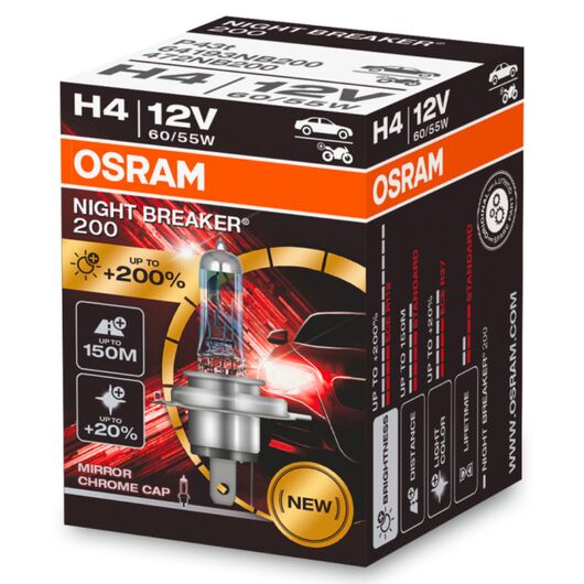 OSRAM Night Breaker 200 H4 60/55W 3900K (картон) 1 шт, Тип лампы: H4, Цветовая температура: 3900 