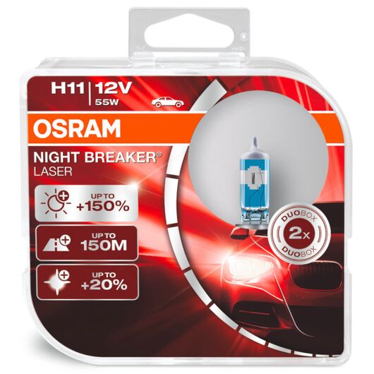 OSRAM Night Breaker Laser H11 55W 3900K комплект 2 шт, Тип лампы: H11, Цветовая температура: 3900 