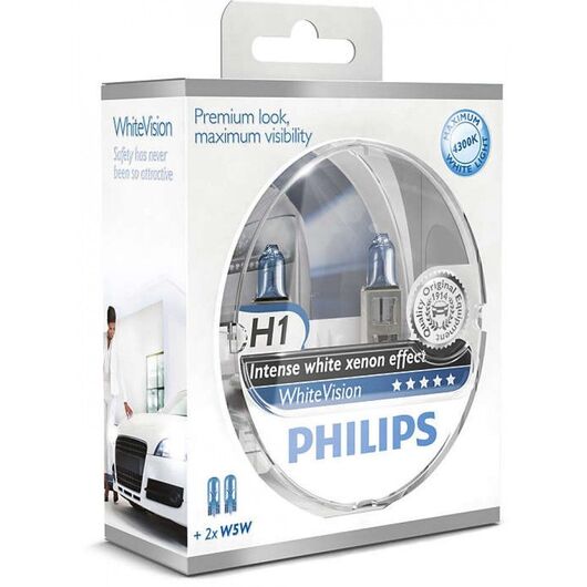  Лампа галогенна Philips H1 WhiteVision +60%, 4300K, 2шт/блістер 12258WHVSM