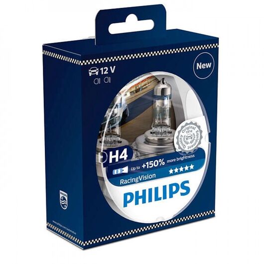  Лампа галогенна Philips H4 RACING VISION +150%, 2 шт блістер 12342RVS2