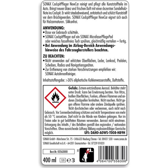 SONAX Глянцевый очиститель пластика Cockpit-Pfleger (400 мл) , изображение 3