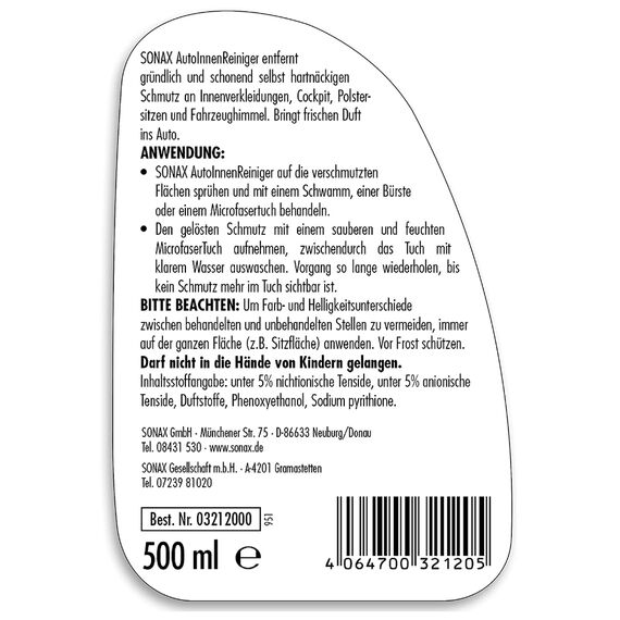 SONAX Autoinnen Reiniger очиститель салона автомобиля 500 мл , изображение 6