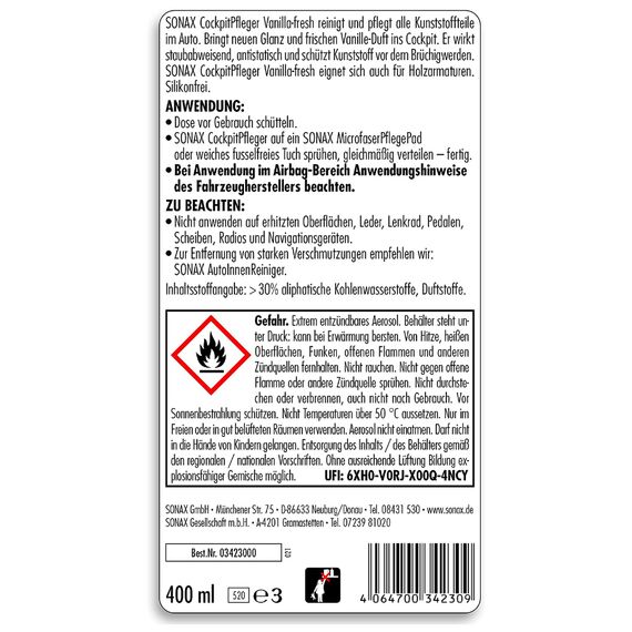 SONAX Cockpitpfleger - vanilla-fresh очиститель-полироль пластика глянцевый (ваниль) 400 мл , изображение 6