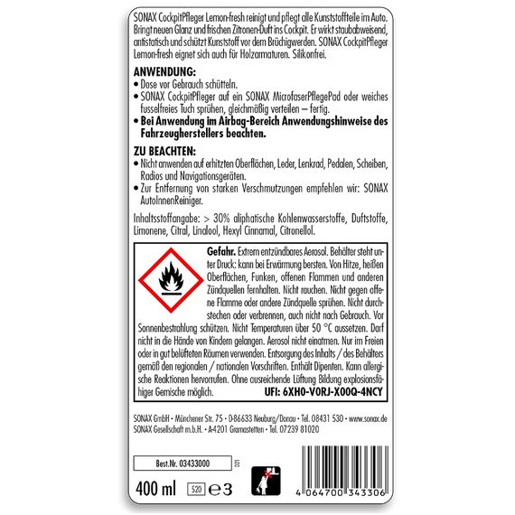 SONAX Cockpitpfleger - lemon-fresh очиститель-полироль пластика глянцевый (лимон) 400 мл , изображение 6