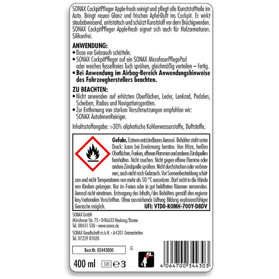 SONAX Cockpitpfleger - apple-fresh очиститель-полироль пластика глянцевый (яблоко) 400 мл , изображение 6