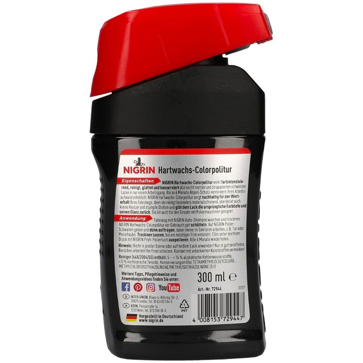 NIGRIN Hartwachs-Colorpolitur Schwarz черный одношаговый полироль с PTFE 300 мл, Цвет: Черный, Количество: 300 мл , изображение 2