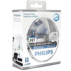 Лампа галогенная Philips H1 WhiteVision +60%, 4300K, 2шт/блистер 12258WHVSM