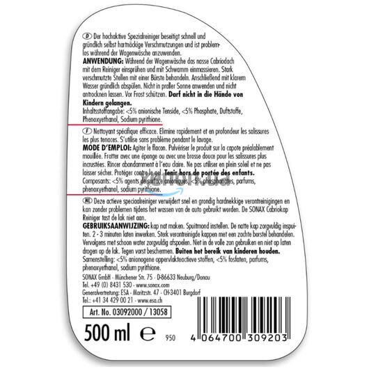 SONAX Cabrio Verdeck Reiniger очищувач складаного верху кабріолету 500 мл, зображення 6