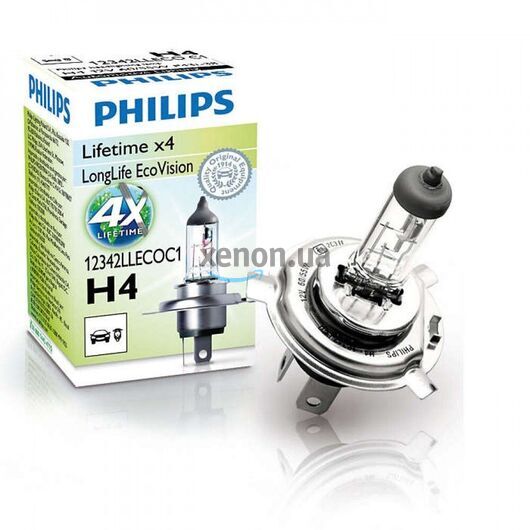 Лампа галогенная Philips H4 LongLife EcoVision, 1шт/картон 12342LLECOC1