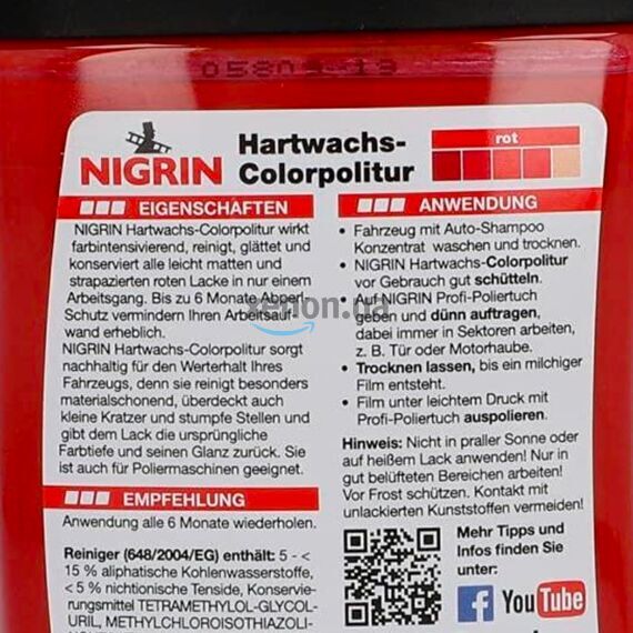 NIGRIN Hartwachs-Colorpolitur Rot красный одношаговый полироль с PTFE 300 мл, Цвет: Красный, Объем: 300 мл , изображение 4