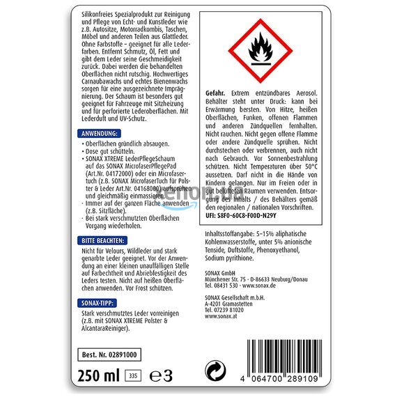 SONAX XTREME Leder PflegeSchaum пенный очиститель кожи 250 мл , изображение 10