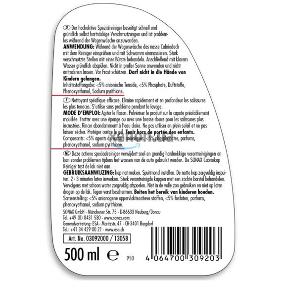 SONAX Cabrio Verdeck Reiniger очищувач складаного верху кабріолету 500 мл, зображення 6