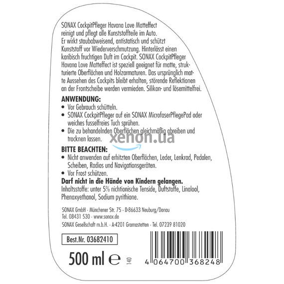 SONAX Cockpitpfleger Havana Love матовый полироль для пластика 500 мл , изображение 3