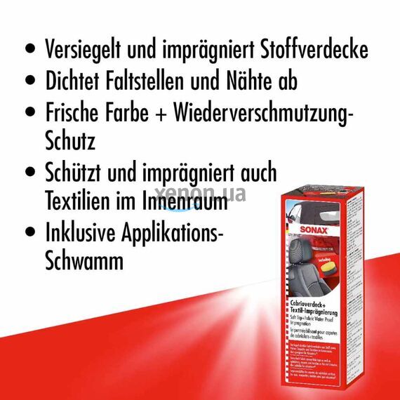 SONAX Soft Top + Fabric Water Proof Impregnation засіб для захисту м'якого даху кабріолета із аплікатором 250 мл, зображення 7