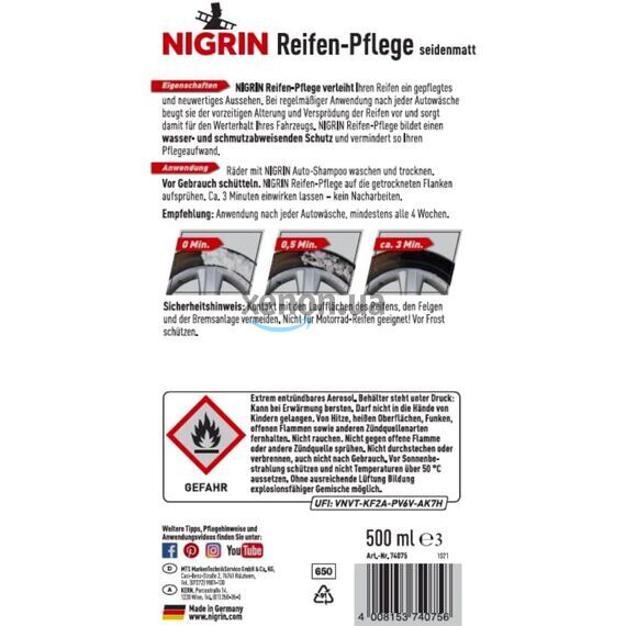 NIGRIN Reifen-Pflege пенный чернитель протектант для покрышек 500 мл , изображение 2